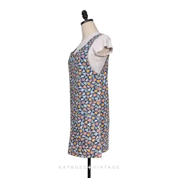 Vintage Express Jumper Mini Dress S Blue Floral 90s Grunge Preppy Pocket  Pink